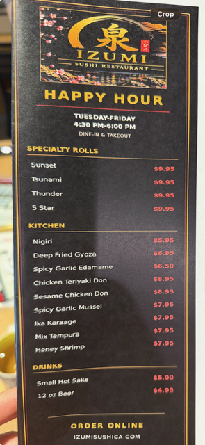 black menu izumi sushi happy hour